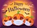 Happy Halloween 2020. Banner with pumpkins in medical mask, bat and moon. Stop Coronavirus. Covid-19. Stop the global pandemic